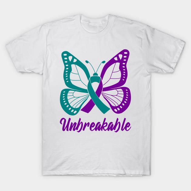 Teal and Purple Butterfly Awareness Ribbon Unbreakable T-Shirt by FanaticTee